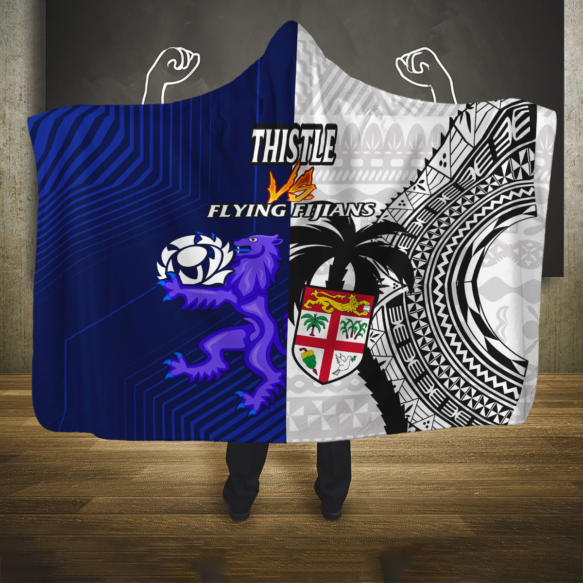 Fiji And Scotland Rugby Hooded Blanket Fijian Tapa Pattern With Thistle LT14 One Size Blue - Polynesian Pride