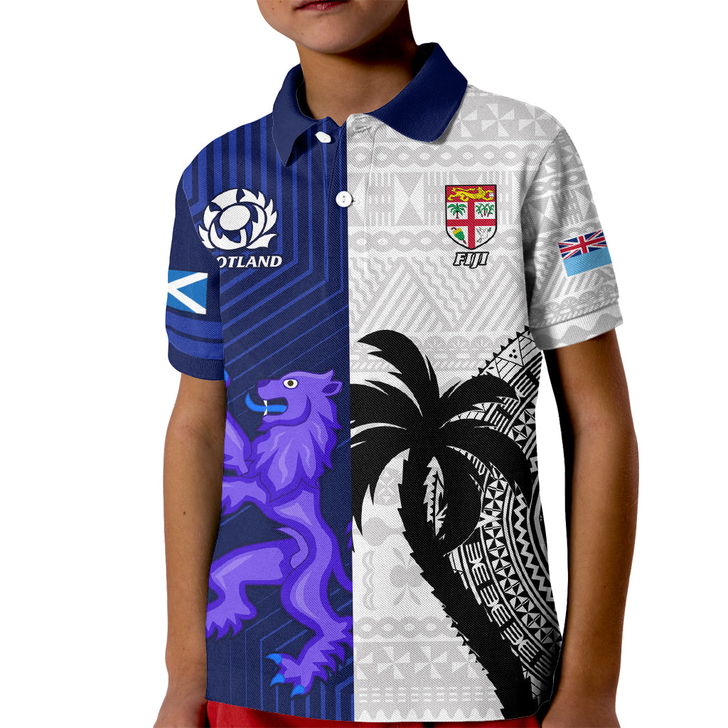 Fiji And Scotland Rugby Kid Polo Shirt Fijian Tapa Pattern With Thistle LT14 Kid Blue - Polynesian Pride