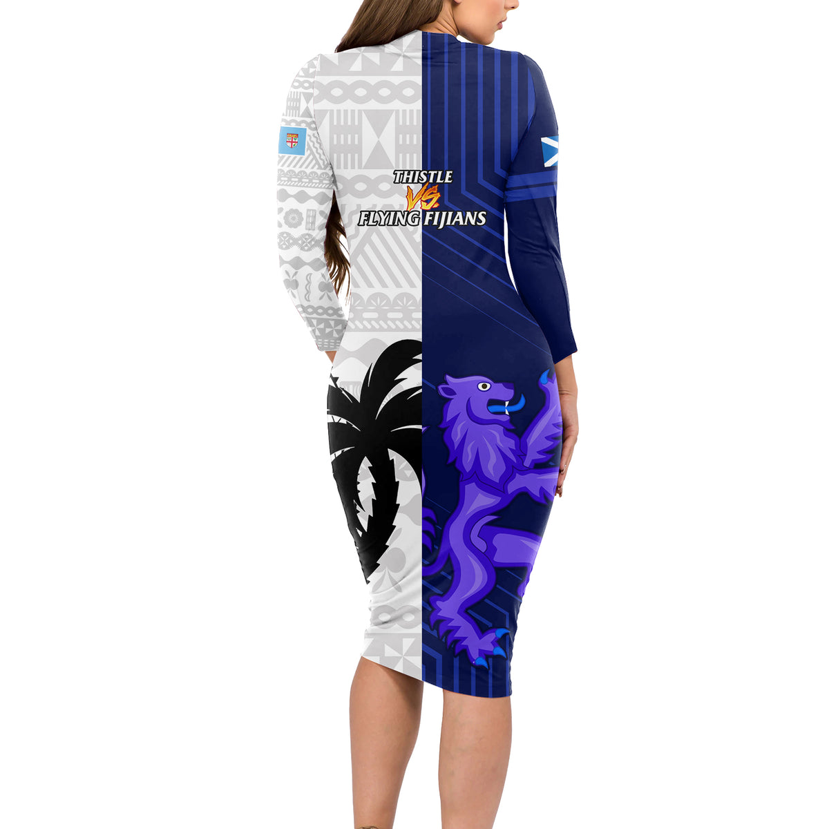 Fiji And Scotland Rugby Long Sleeve Bodycon Dress Fijian Tapa Pattern With Thistle LT14 - Polynesian Pride