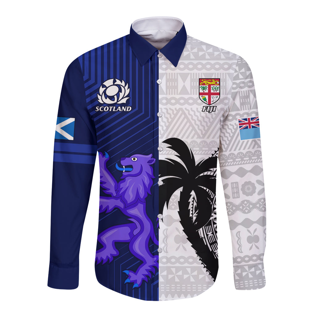 Fiji And Scotland Rugby Long Sleeve Button Shirt Fijian Tapa Pattern With Thistle LT14 Unisex Blue - Polynesian Pride