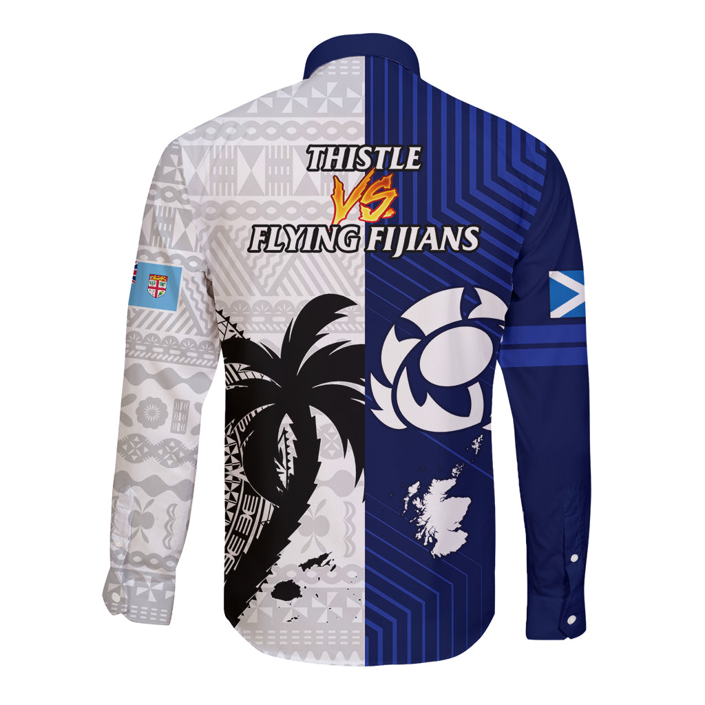 Fiji And Scotland Rugby Long Sleeve Button Shirt Fijian Tapa Pattern With Thistle LT14 - Polynesian Pride