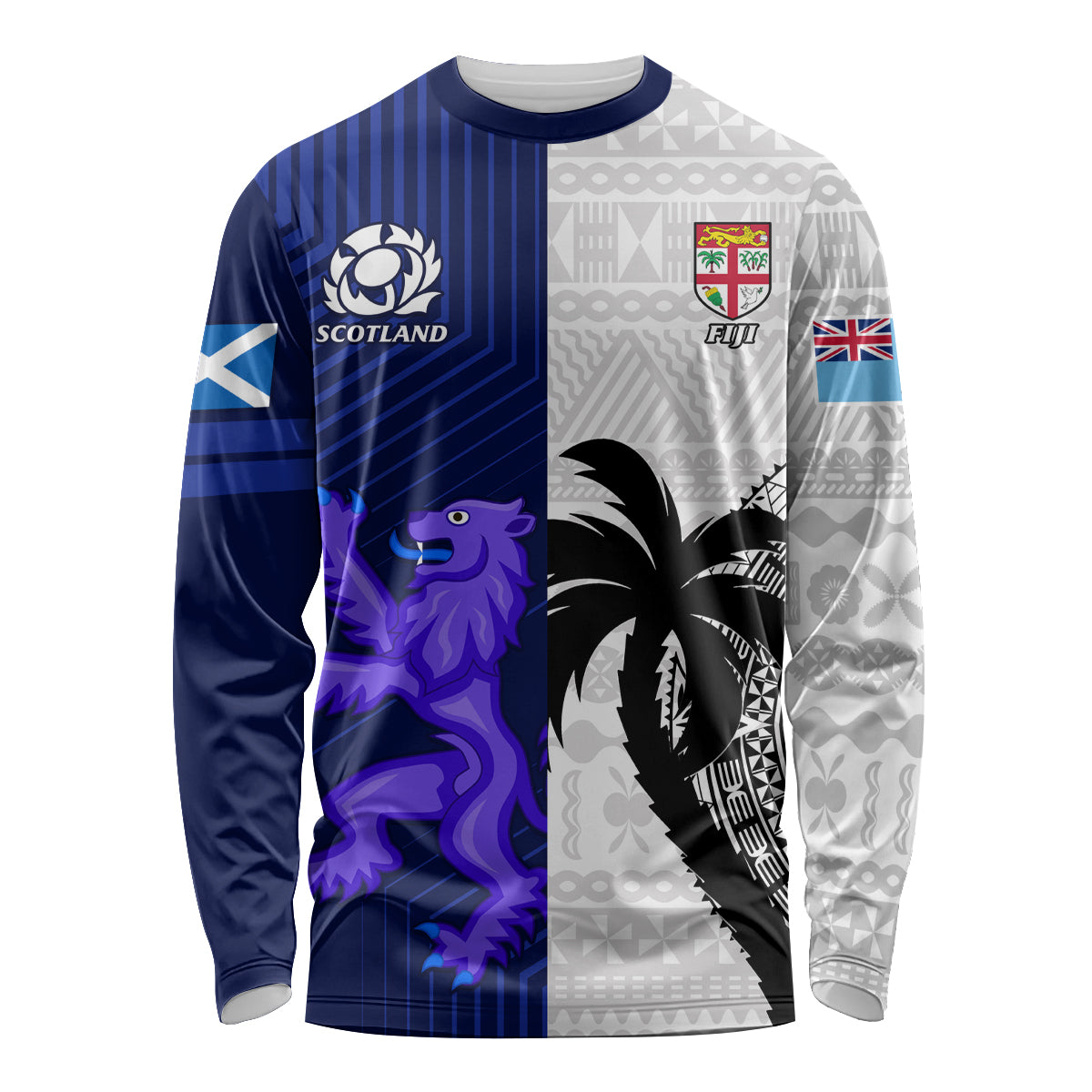 Fiji And Scotland Rugby Long Sleeve Shirt Fijian Tapa Pattern With Thistle LT14 Unisex Blue - Polynesian Pride