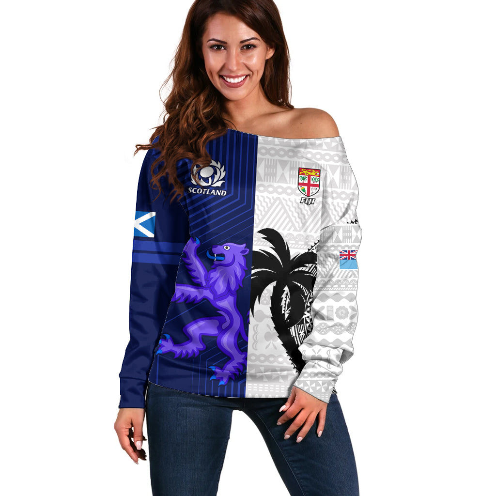 Fiji And Scotland Rugby Off Shoulder Sweater Fijian Tapa Pattern With Thistle LT14 Women Blue - Polynesian Pride