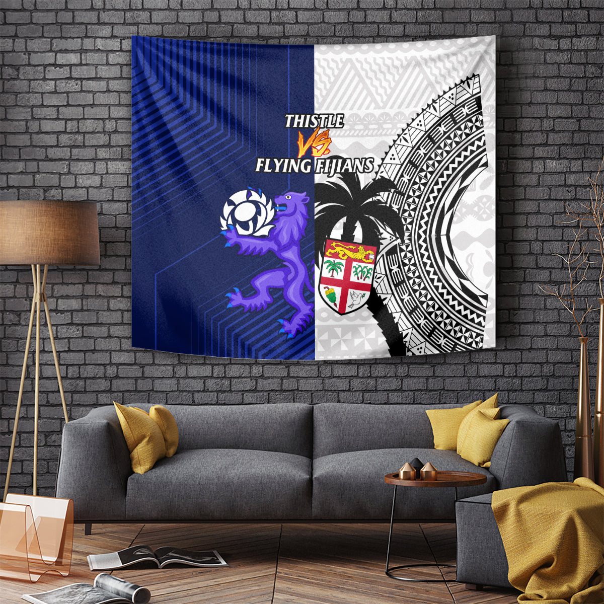 Fiji And Scotland Rugby Tapestry Fijian Tapa Pattern With Thistle LT14 Blue - Polynesian Pride