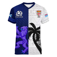 Fiji And Scotland Rugby Women V Neck T Shirt Fijian Tapa Pattern With Thistle LT14 Female Blue - Polynesian Pride