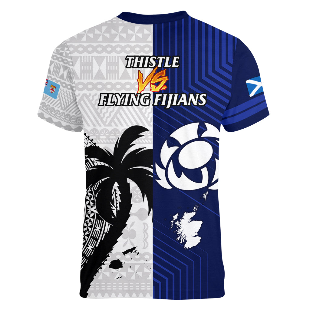 Fiji And Scotland Rugby Women V Neck T Shirt Fijian Tapa Pattern With Thistle LT14 - Polynesian Pride