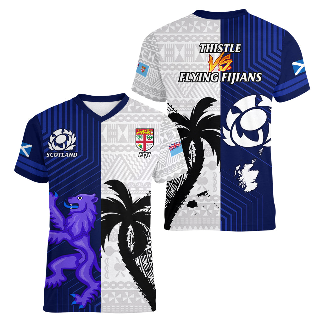 Fiji And Scotland Rugby Women V Neck T Shirt Fijian Tapa Pattern With Thistle LT14 - Polynesian Pride
