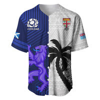 Custom Fiji And Scotland Rugby Baseball Jersey Fijian Tapa Pattern With Thistle LT14 Blue - Polynesian Pride