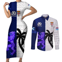 Custom Fiji And Scotland Rugby Couples Matching Short Sleeve Bodycon Dress and Long Sleeve Button Shirts Fijian Tapa Pattern With Thistle LT14 Blue - Polynesian Pride