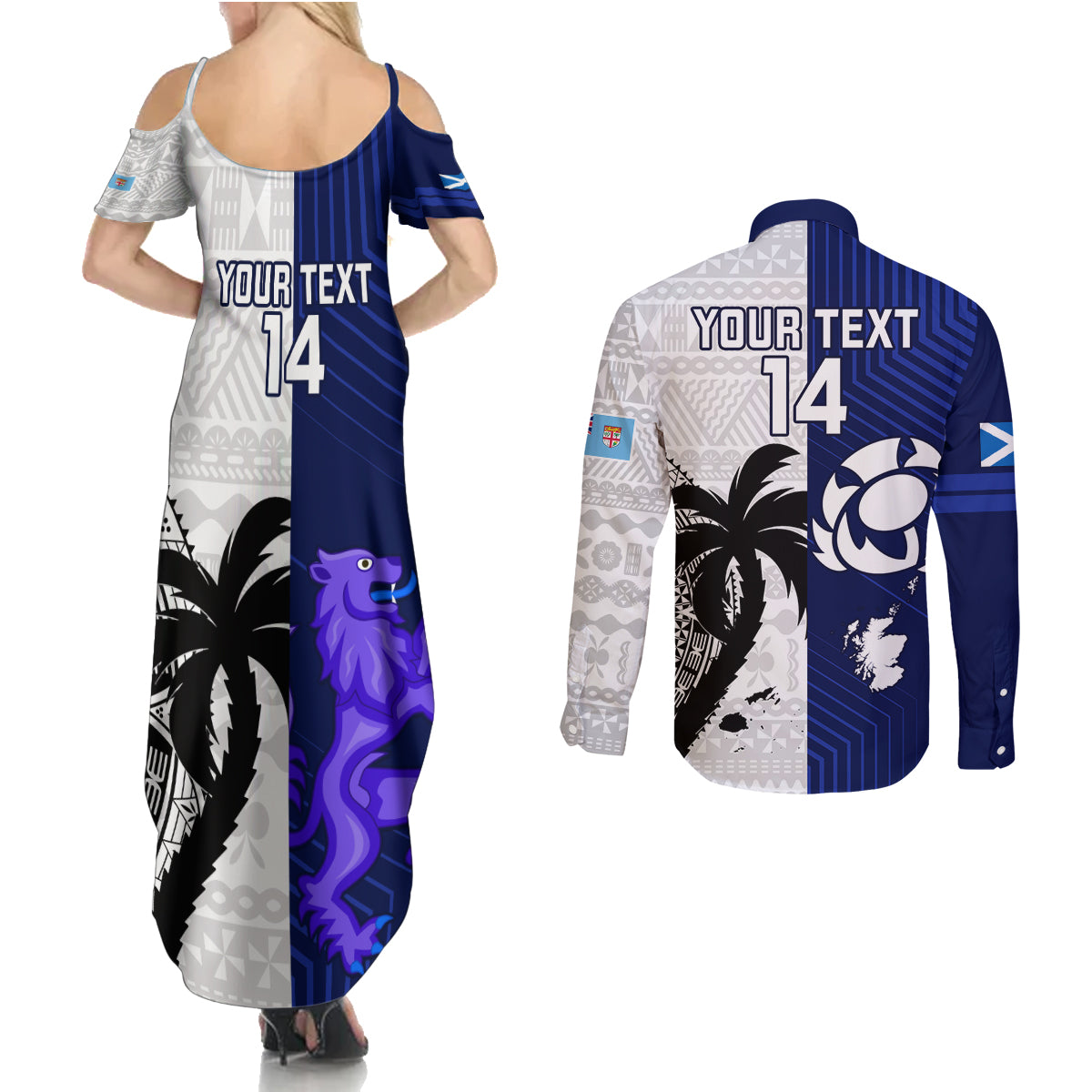 Custom Fiji And Scotland Rugby Couples Matching Summer Maxi Dress and Long Sleeve Button Shirts Fijian Tapa Pattern With Thistle LT14 - Polynesian Pride