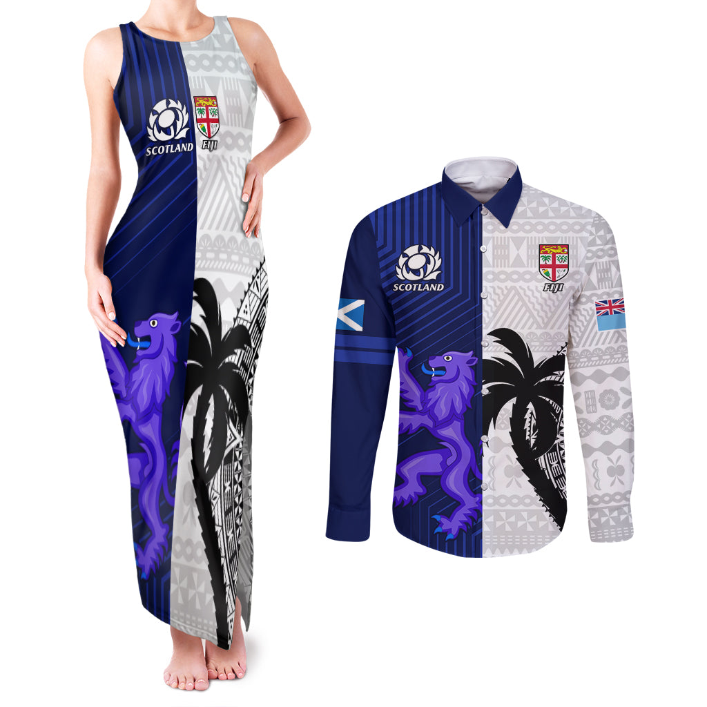 Custom Fiji And Scotland Rugby Couples Matching Tank Maxi Dress and Long Sleeve Button Shirts Fijian Tapa Pattern With Thistle LT14 Blue - Polynesian Pride