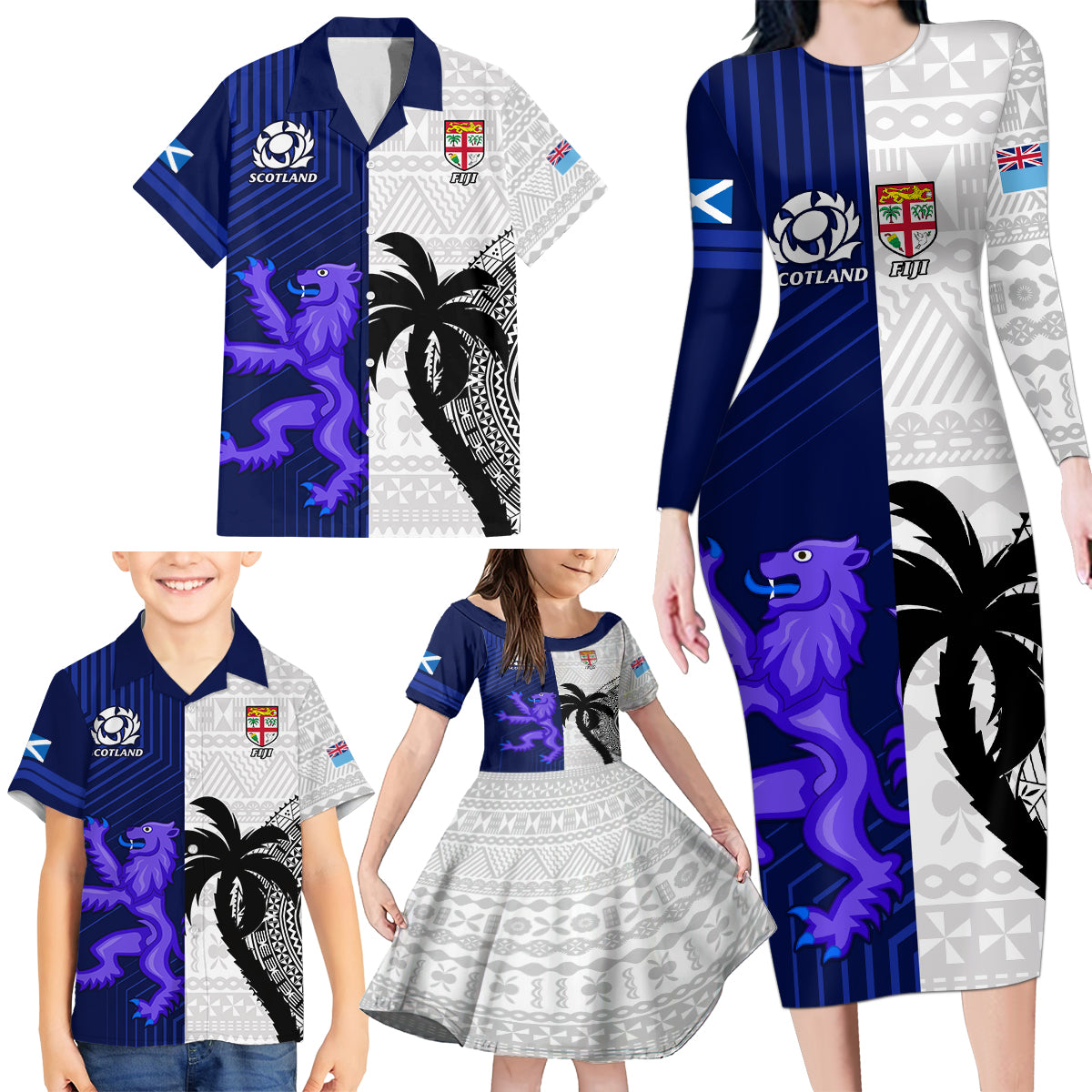 Custom Fiji And Scotland Rugby Family Matching Long Sleeve Bodycon Dress and Hawaiian Shirt Fijian Tapa Pattern With Thistle LT14 - Polynesian Pride