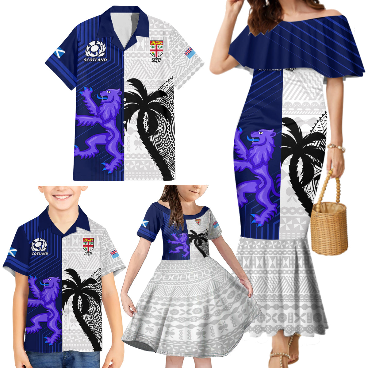 Custom Fiji And Scotland Rugby Family Matching Mermaid Dress and Hawaiian Shirt Fijian Tapa Pattern With Thistle LT14 - Polynesian Pride