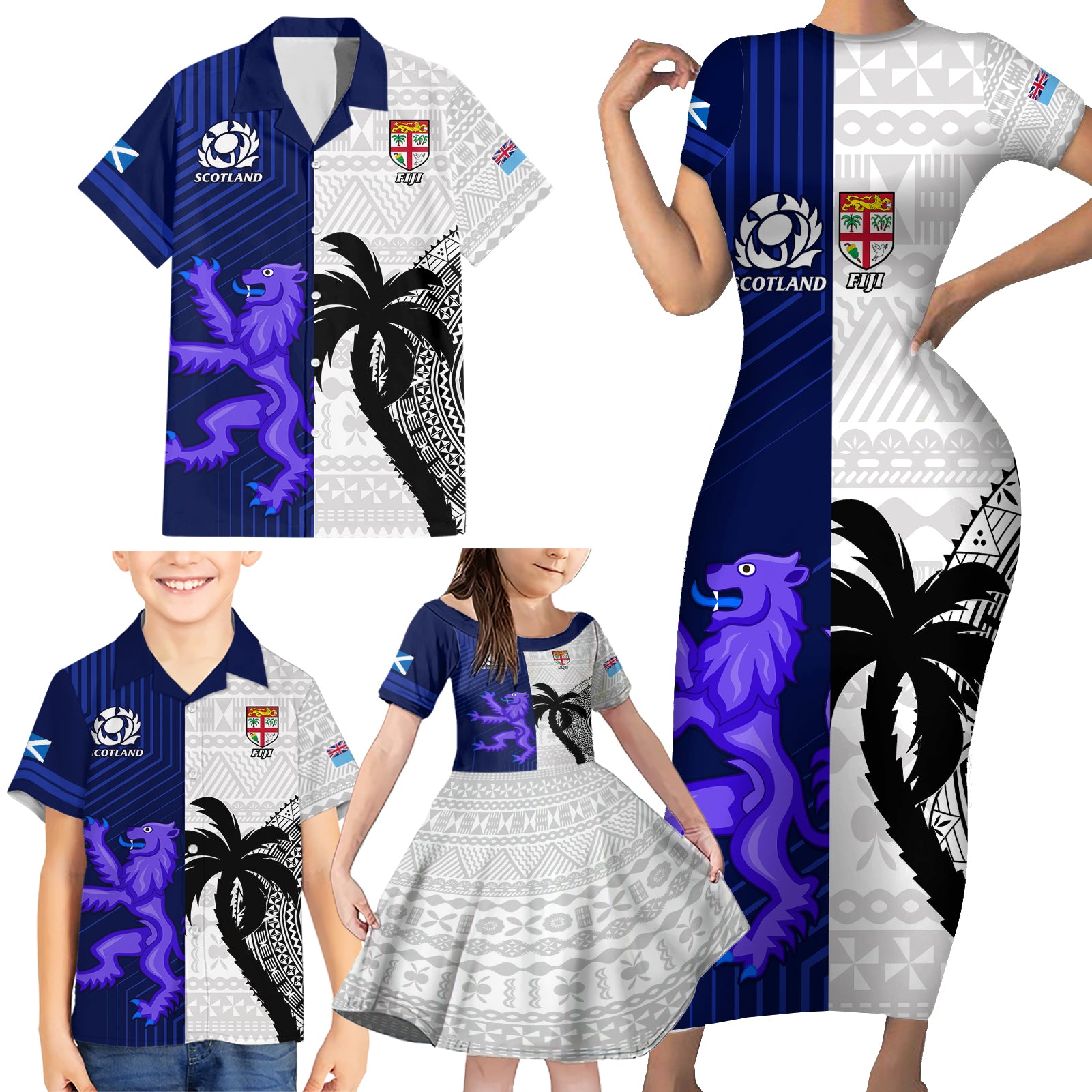 Custom Fiji And Scotland Rugby Family Matching Short Sleeve Bodycon Dress and Hawaiian Shirt Fijian Tapa Pattern With Thistle LT14 - Polynesian Pride