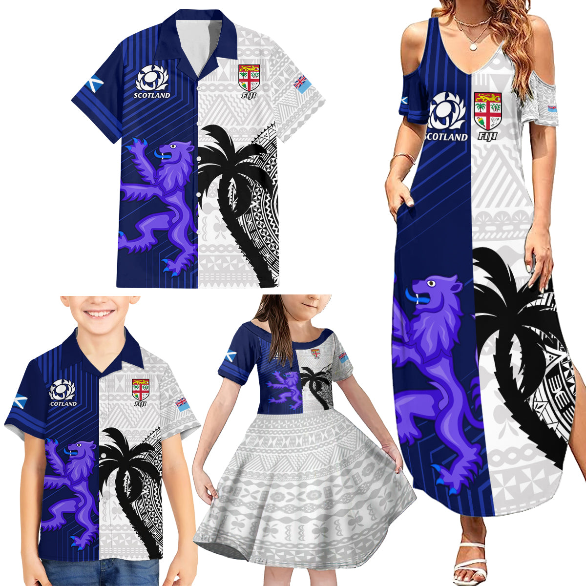 Custom Fiji And Scotland Rugby Family Matching Summer Maxi Dress and Hawaiian Shirt Fijian Tapa Pattern With Thistle LT14 - Polynesian Pride