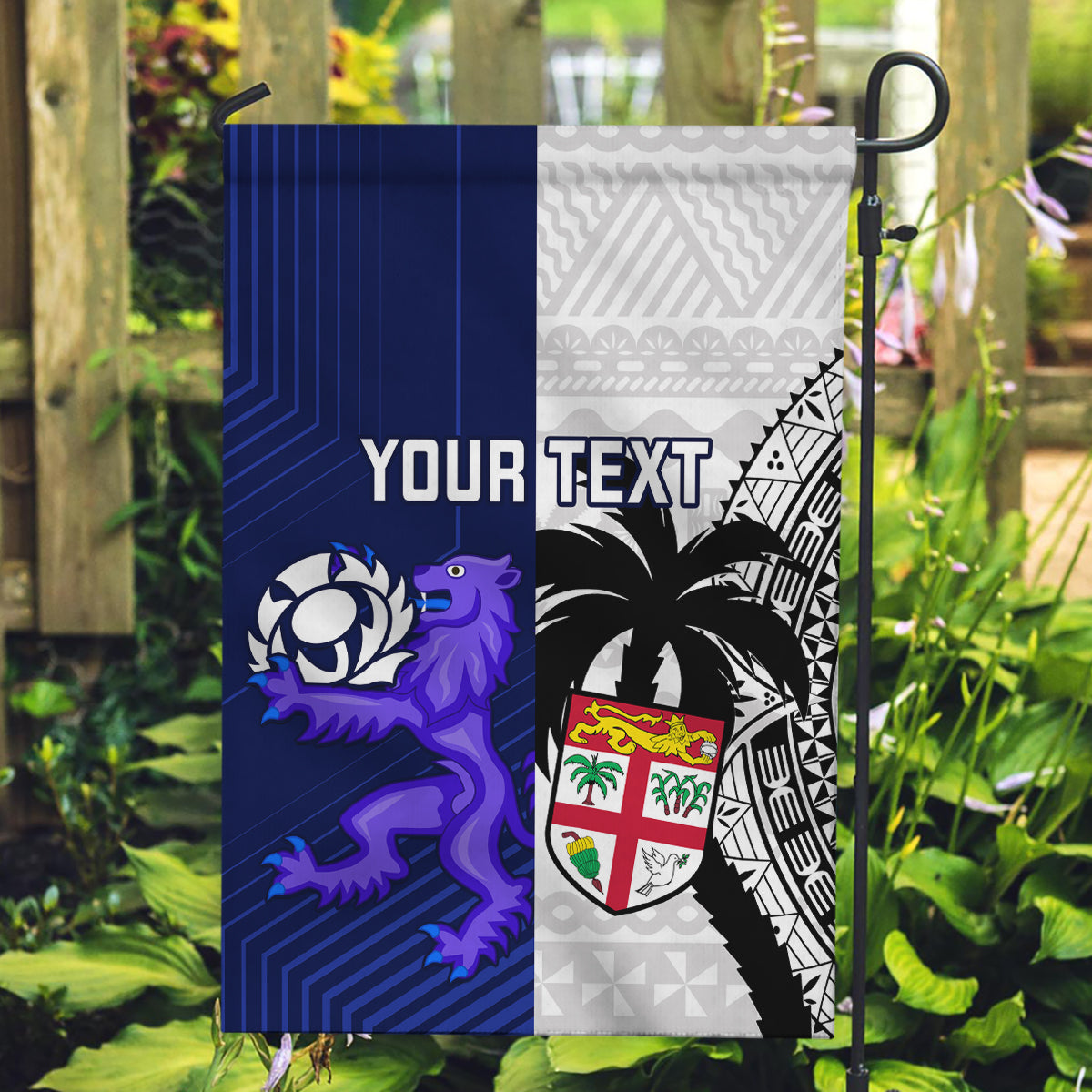 Custom Fiji And Scotland Rugby Garden Flag Fijian Tapa Pattern With Thistle LT14 Garden Flag Blue - Polynesian Pride