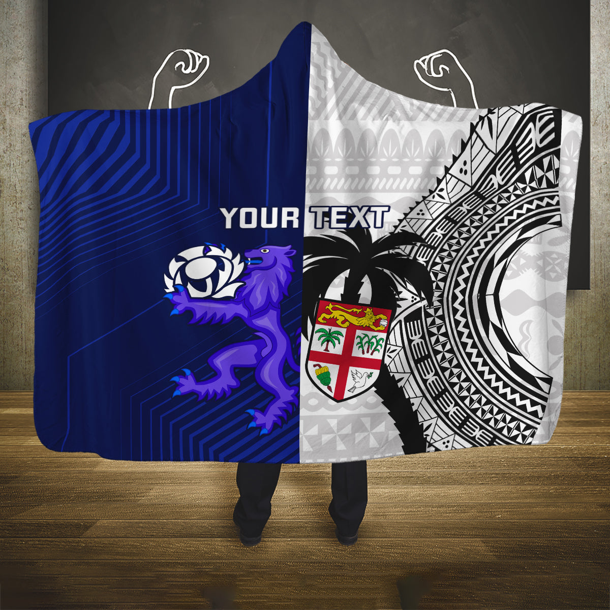 Custom Fiji And Scotland Rugby Hooded Blanket Fijian Tapa Pattern With Thistle LT14 One Size Blue - Polynesian Pride