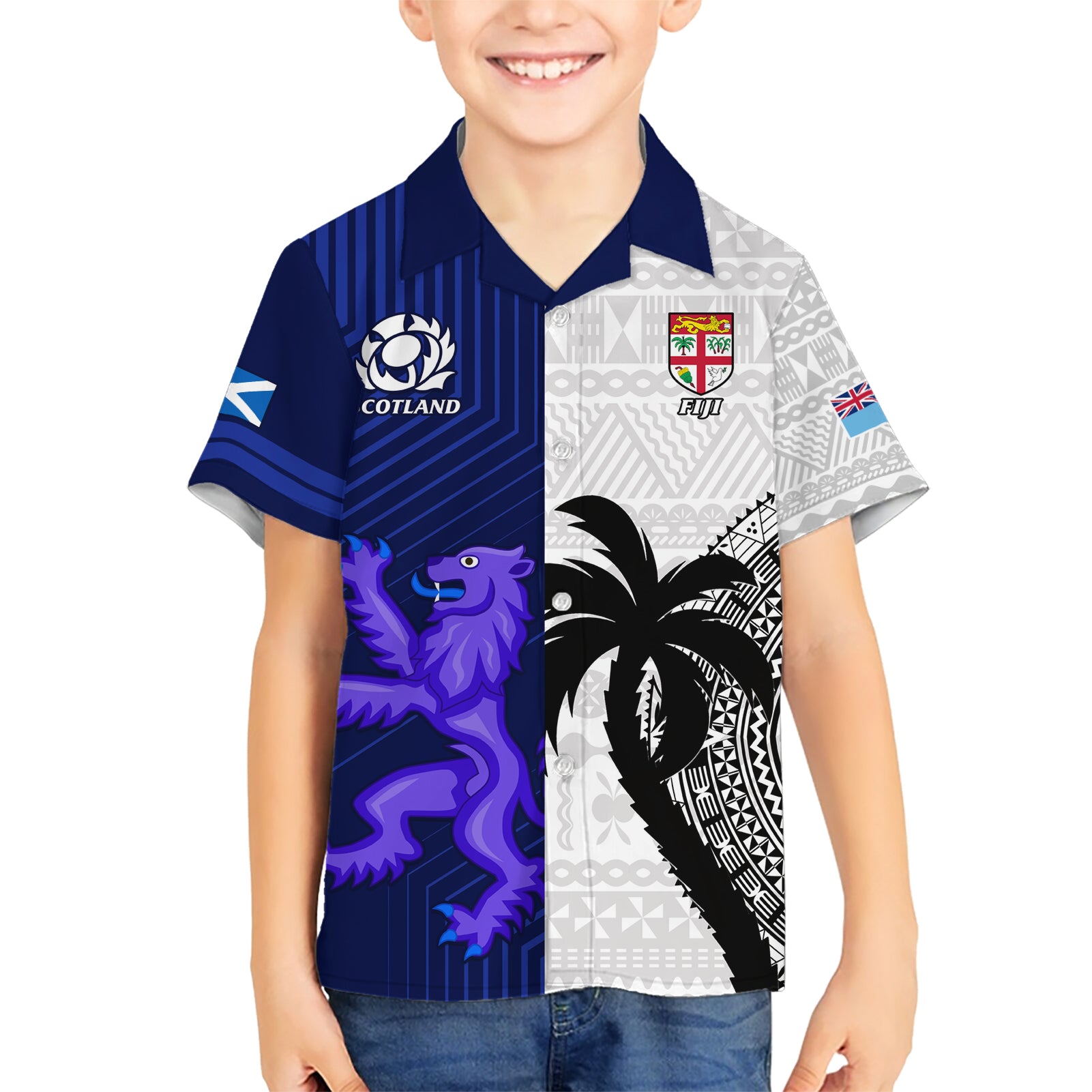 Custom Fiji And Scotland Rugby Kid Hawaiian Shirt Fijian Tapa Pattern With Thistle LT14 Kid Blue - Polynesian Pride