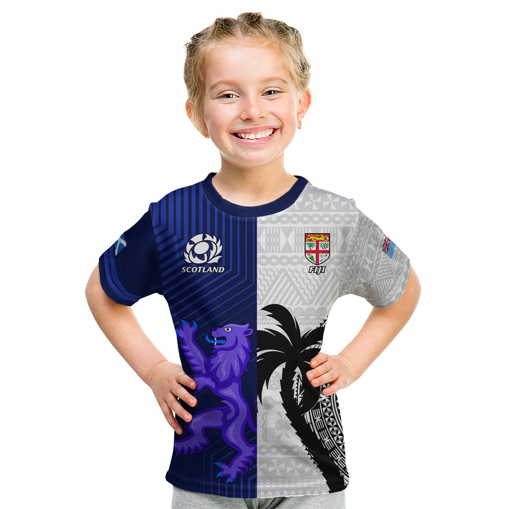 Custom Fiji And Scotland Rugby Kid T Shirt Fijian Tapa Pattern With Thistle LT14 Blue - Polynesian Pride