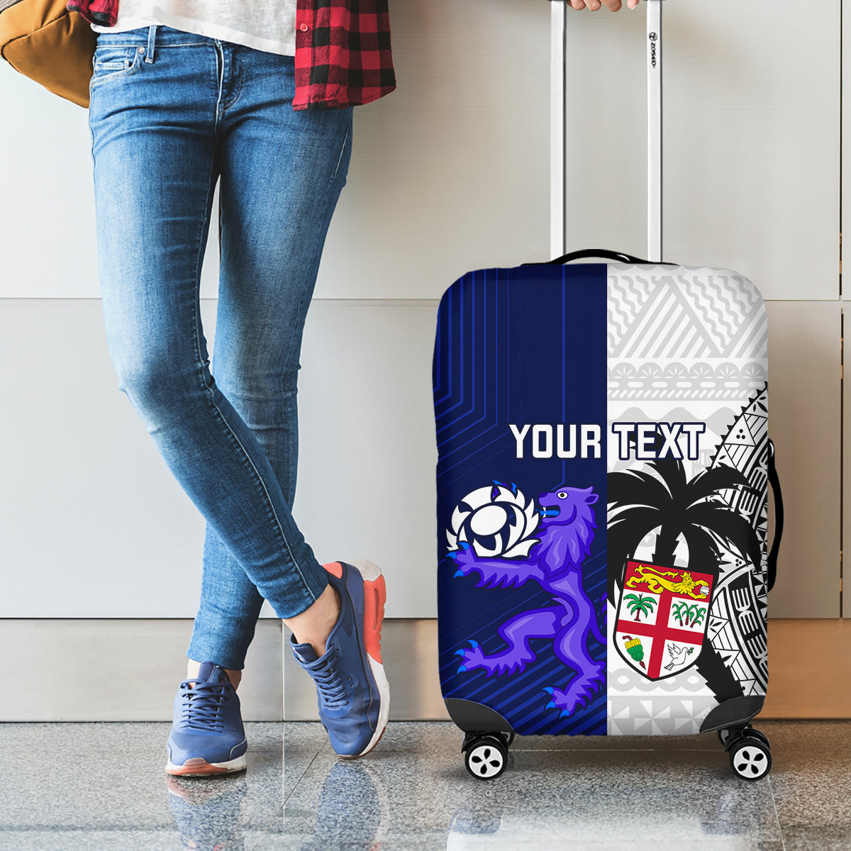 Custom Fiji And Scotland Rugby Luggage Cover Fijian Tapa Pattern With Thistle LT14 - Polynesian Pride
