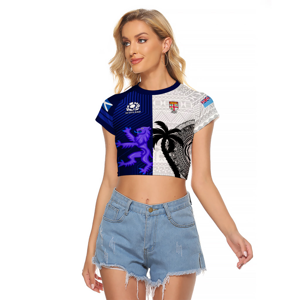 Custom Fiji And Scotland Rugby Raglan Cropped T Shirt Fijian Tapa Pattern With Thistle LT14 Female Blue - Polynesian Pride