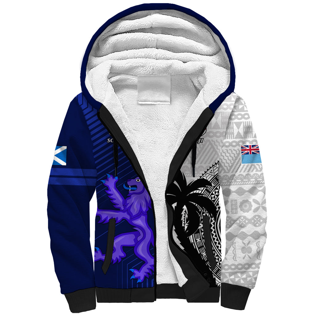 Custom Fiji And Scotland Rugby Sherpa Hoodie Fijian Tapa Pattern With Thistle LT14 Unisex Blue - Polynesian Pride