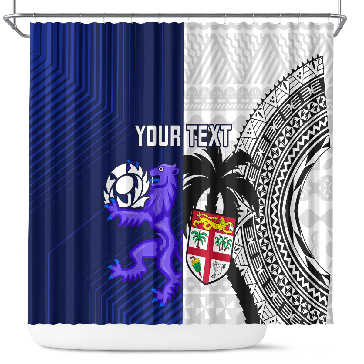 Custom Fiji And Scotland Rugby Shower Curtain Fijian Tapa Pattern With Thistle LT14 Blue - Polynesian Pride