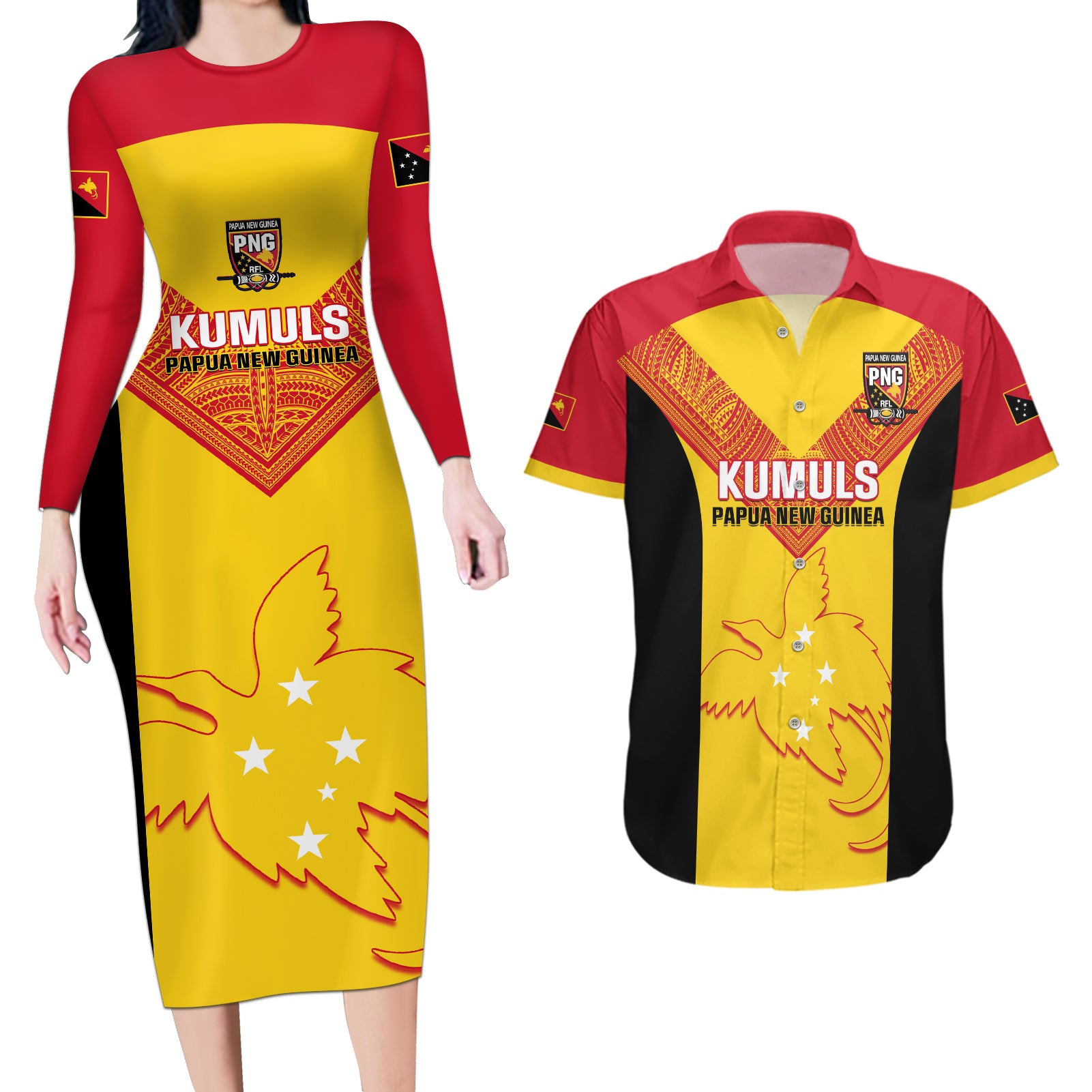 Custom Papua New Guinea Rubgby Couples Matching Long Sleeve Bodycon Dress and Hawaiian Shirt Pacific 2023 Go PNG Kumuls LT14 Yellow - Polynesian Pride