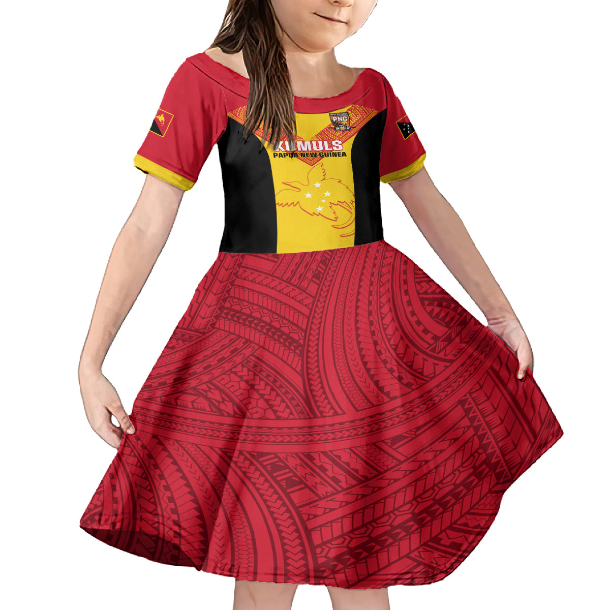 Custom Papua New Guinea Rubgby Family Matching Off Shoulder Long Sleeve Dress and Hawaiian Shirt Pacific 2023 Go PNG Kumuls LT14 Daughter's Dress Yellow - Polynesian Pride