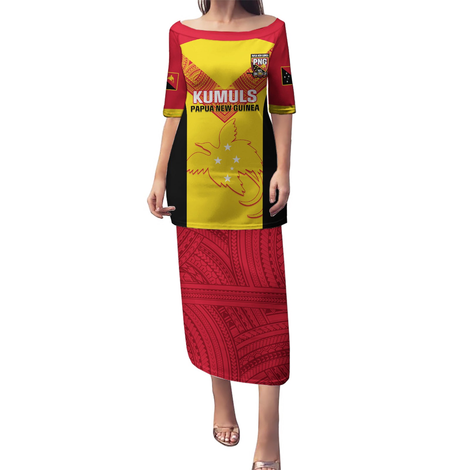 Custom Papua New Guinea Rubgby Puletasi Pacific 2023 Go PNG Kumuls LT14 Long Dress Yellow - Polynesian Pride