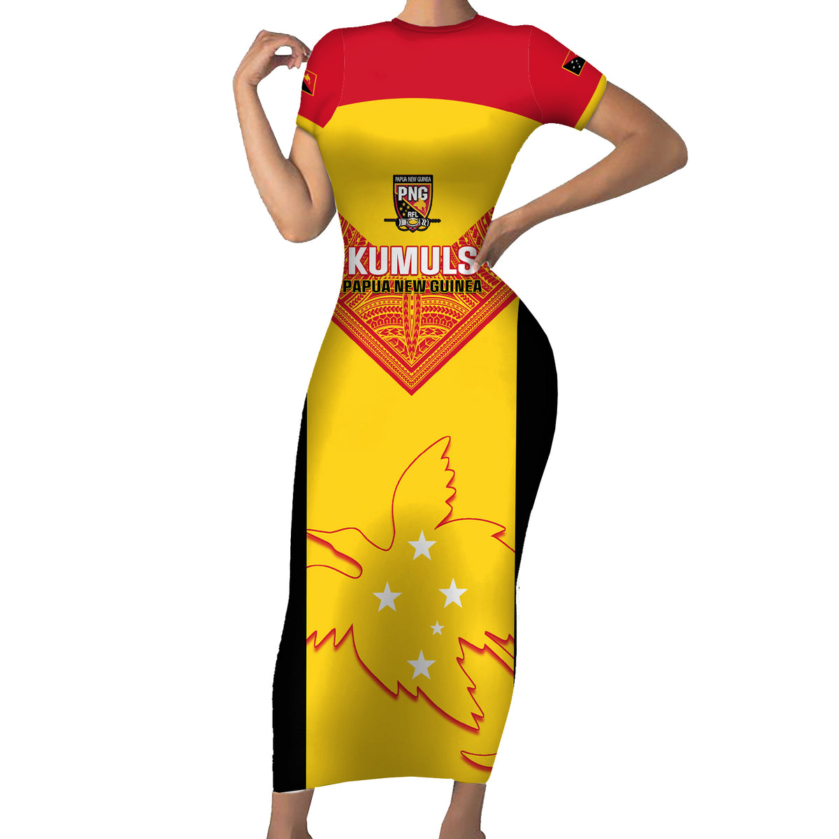 Custom Papua New Guinea Rubgby Short Sleeve Bodycon Dress Pacific 2023 Go PNG Kumuls LT14 Long Dress Yellow - Polynesian Pride