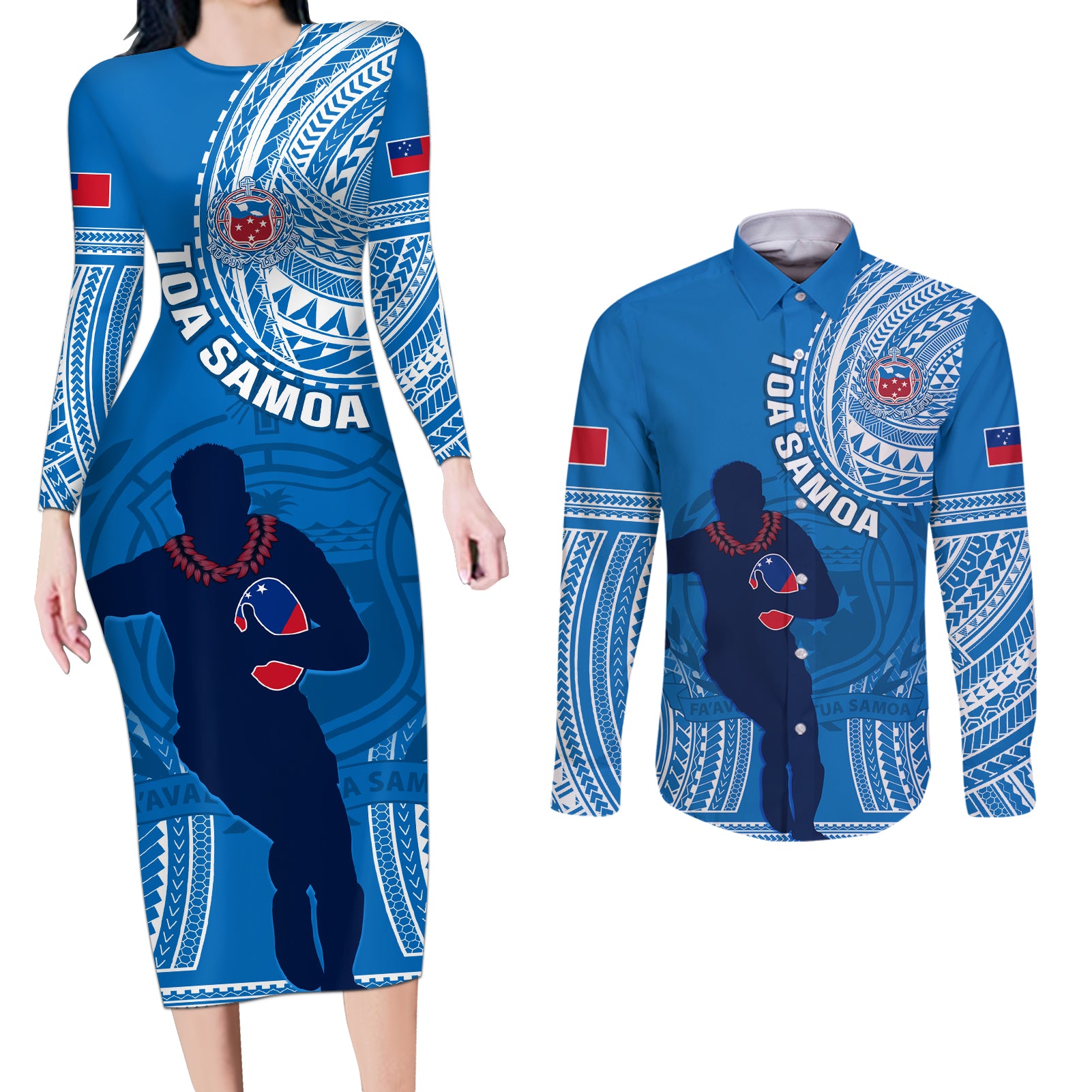 Custom Samoa Rugby Couples Matching Long Sleeve Bodycon Dress and Long Sleeve Button Shirts Pacific 2023 Go Toa Samoa LT14 Blue - Polynesian Pride