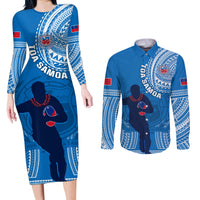 Custom Samoa Rugby Couples Matching Long Sleeve Bodycon Dress and Long Sleeve Button Shirts Pacific 2023 Go Toa Samoa LT14 Blue - Polynesian Pride