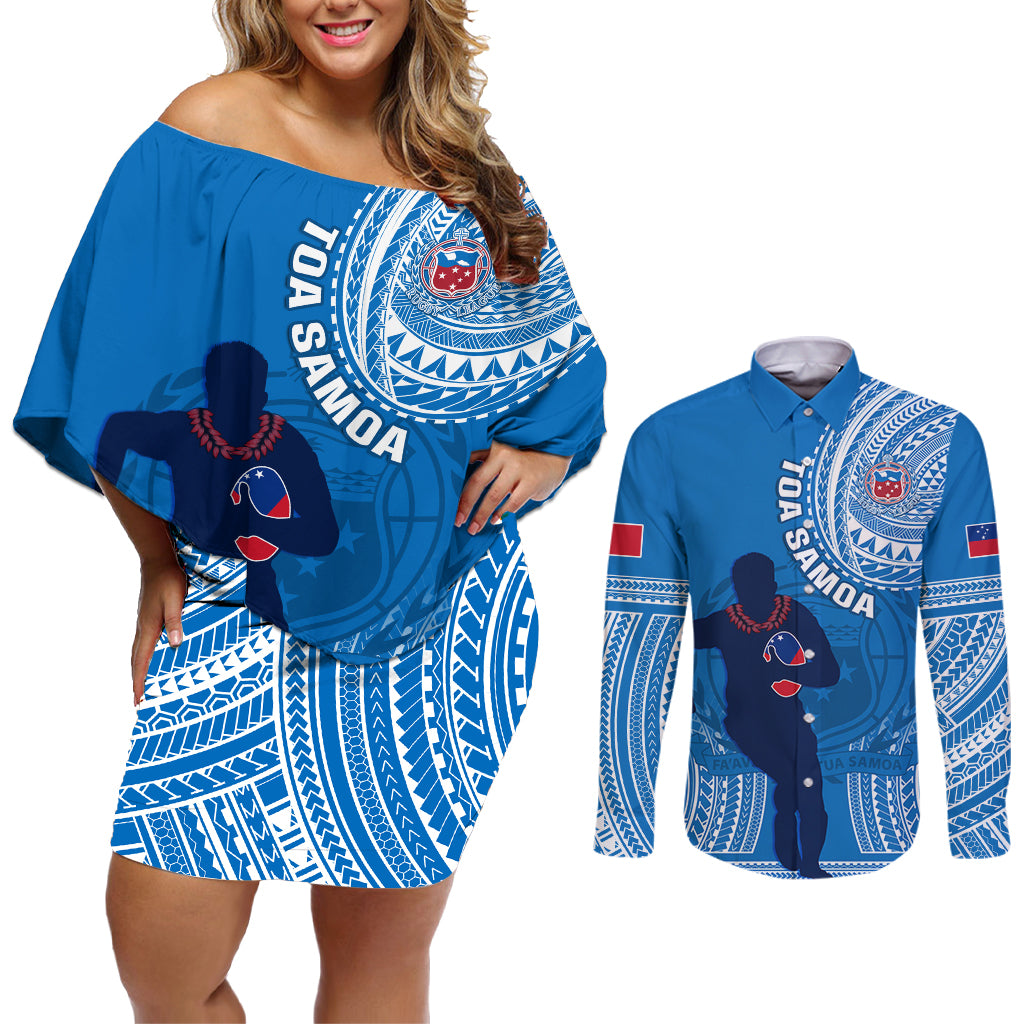 Custom Samoa Rugby Couples Matching Off Shoulder Short Dress and Long Sleeve Button Shirts Pacific 2023 Go Toa Samoa LT14 Blue - Polynesian Pride