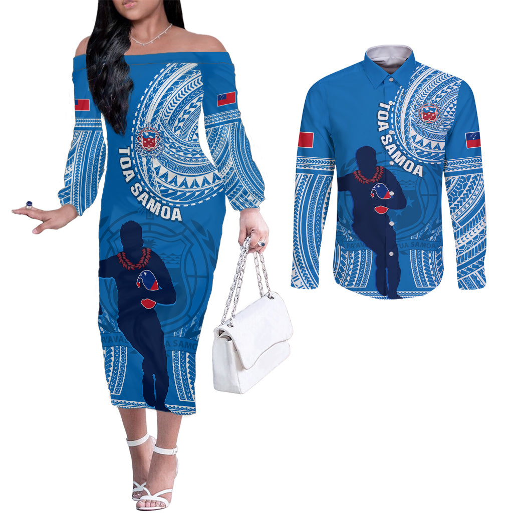 Custom Samoa Rugby Couples Matching Off The Shoulder Long Sleeve Dress and Long Sleeve Button Shirts Pacific 2023 Go Toa Samoa LT14 Blue - Polynesian Pride