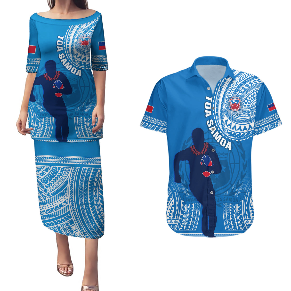 Custom Samoa Rugby Couples Matching Puletasi Dress and Hawaiian Shirt Pacific 2023 Go Toa Samoa LT14 Blue - Polynesian Pride