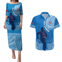 Custom Samoa Rugby Couples Matching Puletasi Dress and Hawaiian Shirt Pacific 2023 Go Toa Samoa LT14 Blue - Polynesian Pride