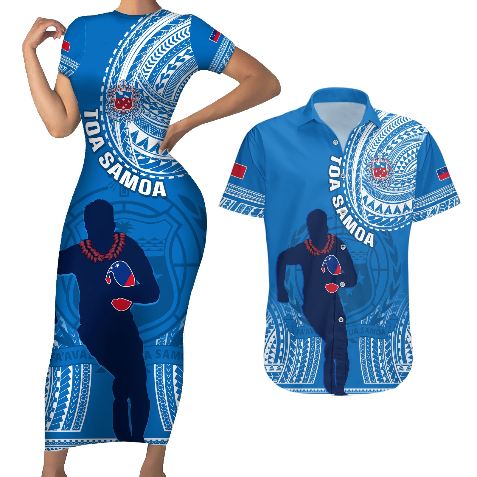 Custom Samoa Rugby Couples Matching Short Sleeve Bodycon Dress and Hawaiian Shirt Pacific 2023 Go Toa Samoa LT14 Blue - Polynesian Pride