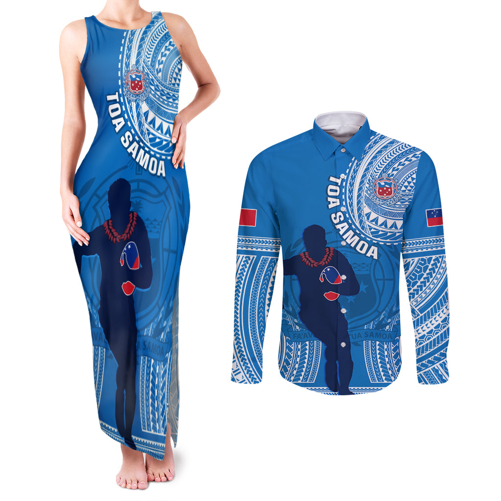 Custom Samoa Rugby Couples Matching Tank Maxi Dress and Long Sleeve Button Shirts Pacific 2023 Go Toa Samoa LT14 Blue - Polynesian Pride