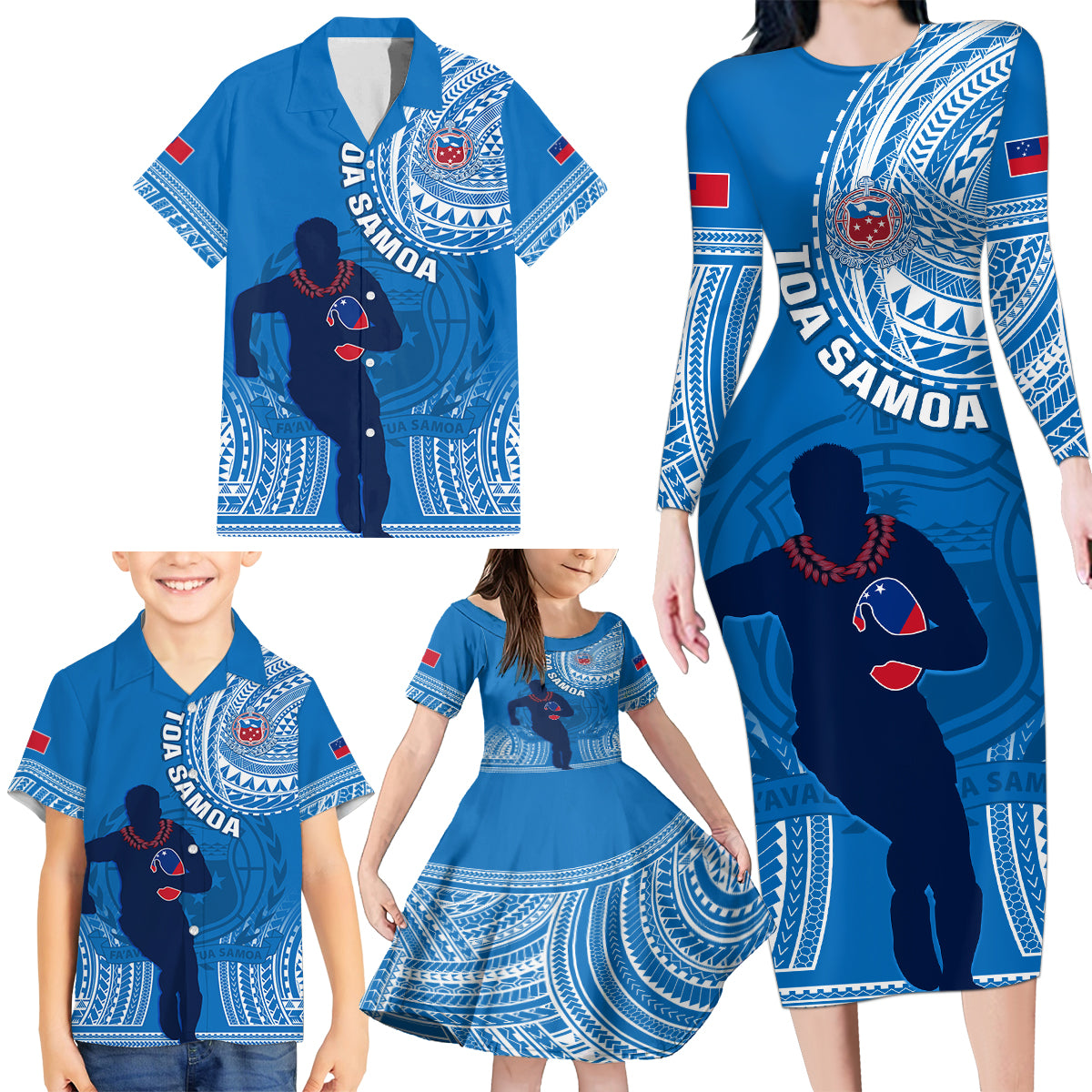 Custom Samoa Rugby Family Matching Long Sleeve Bodycon Dress and Hawaiian Shirt Pacific 2023 Go Toa Samoa LT14 - Polynesian Pride