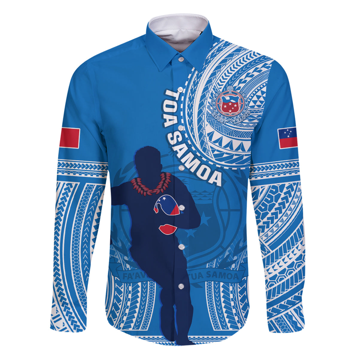 Custom Samoa Rugby Family Matching Long Sleeve Bodycon Dress and Hawaiian Shirt Pacific 2023 Go Toa Samoa LT14 Dad's Shirt - Long Sleeve Blue - Polynesian Pride