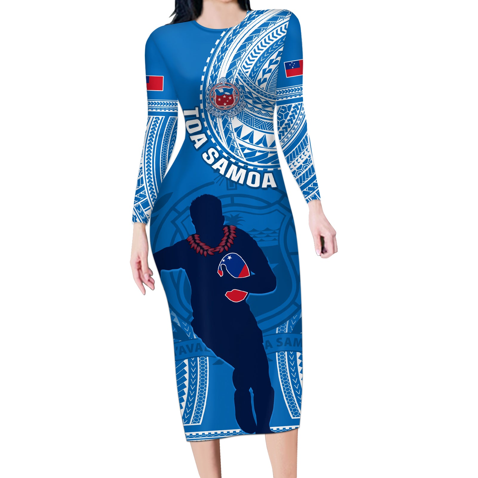 Custom Samoa Rugby Long Sleeve Bodycon Dress Pacific 2023 Go Toa Samoa LT14 Long Dress Blue - Polynesian Pride