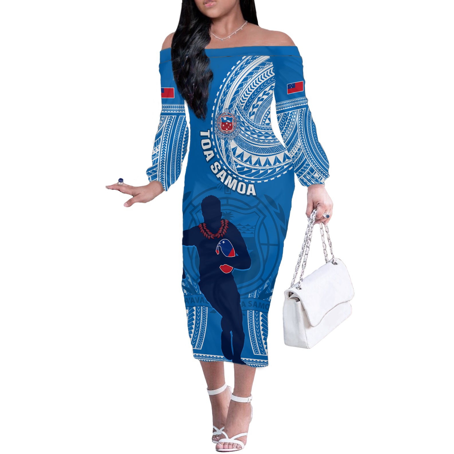 Custom Samoa Rugby Off The Shoulder Long Sleeve Dress Pacific 2023 Go Toa Samoa LT14 Women Blue - Polynesian Pride