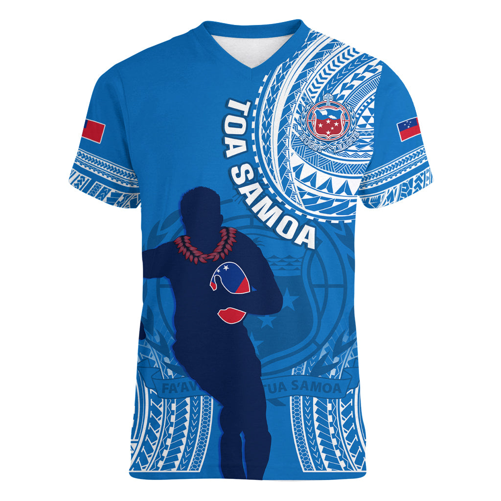 Custom Samoa Rugby Women V Neck T Shirt Pacific 2023 Go Toa Samoa LT14 Female Blue - Polynesian Pride