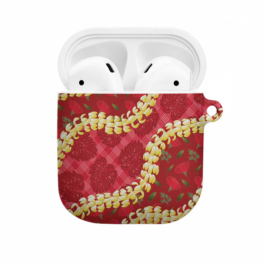 Red Palaka Hawaii Mele Kalikimaka AirPods Case Ohia Lehua Monstera Puakenikeni Lei - Polynesian Pride