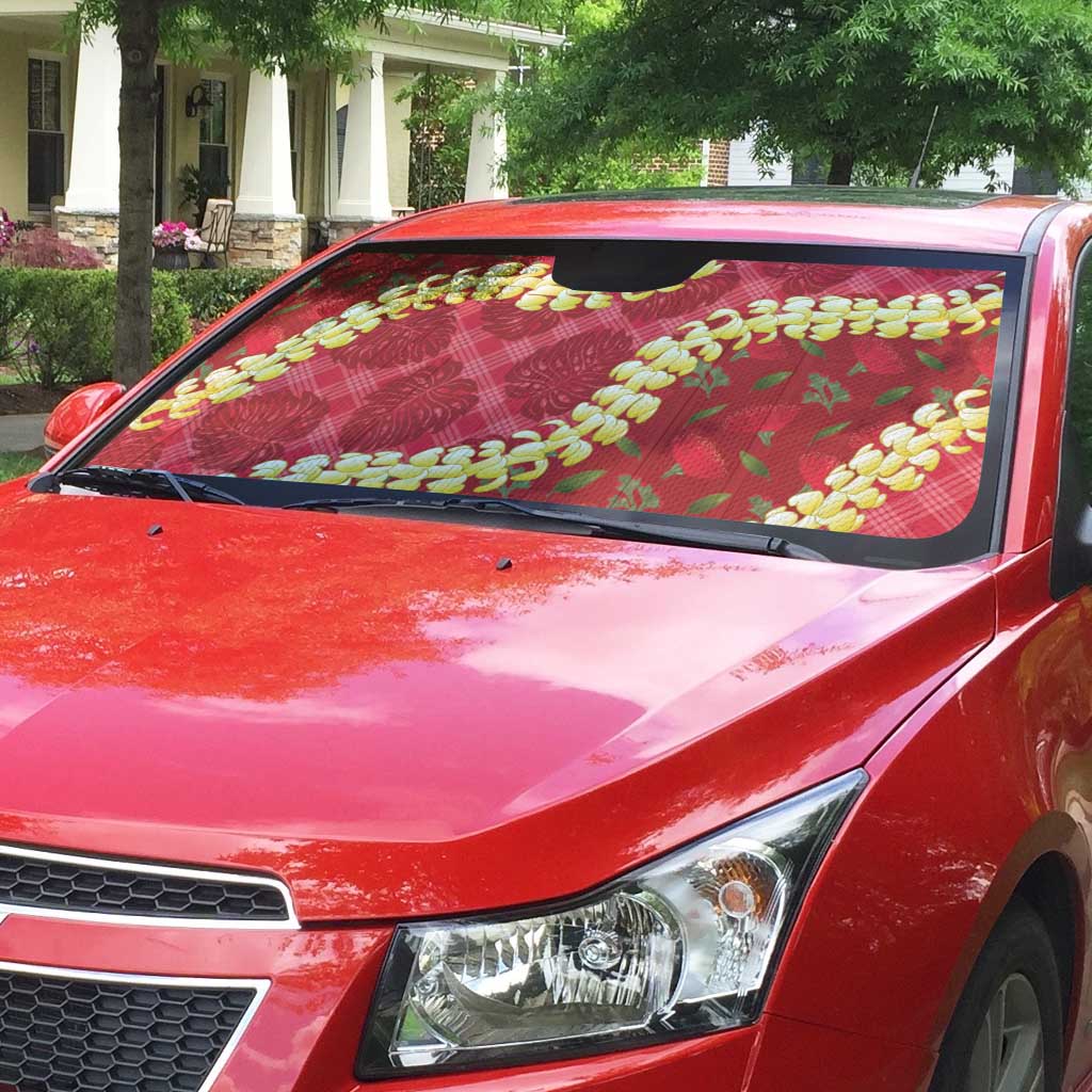 Red Palaka Hawaii Mele Kalikimaka Auto Sun Shade Ohia Lehua Monstera Puakenikeni Lei - Polynesian Pride