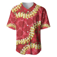 Red Palaka Hawaii Mele Kalikimaka Baseball Jersey Ohia Lehua Monstera Puakenikeni Lei - Polynesian Pride