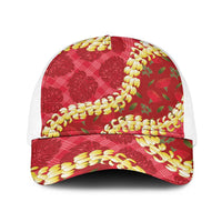 Red Palaka Hawaii Mele Kalikimaka Baseball Net Cap Ohia Lehua Monstera Puakenikeni Lei - Polynesian Pride