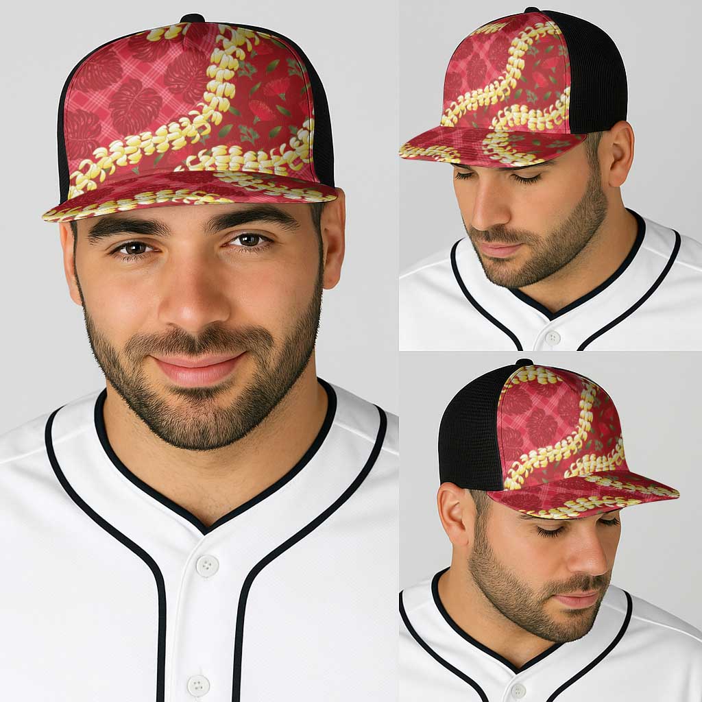 Red Palaka Hawaii Mele Kalikimaka Baseball Net Cap Ohia Lehua Monstera Puakenikeni Lei - Polynesian Pride