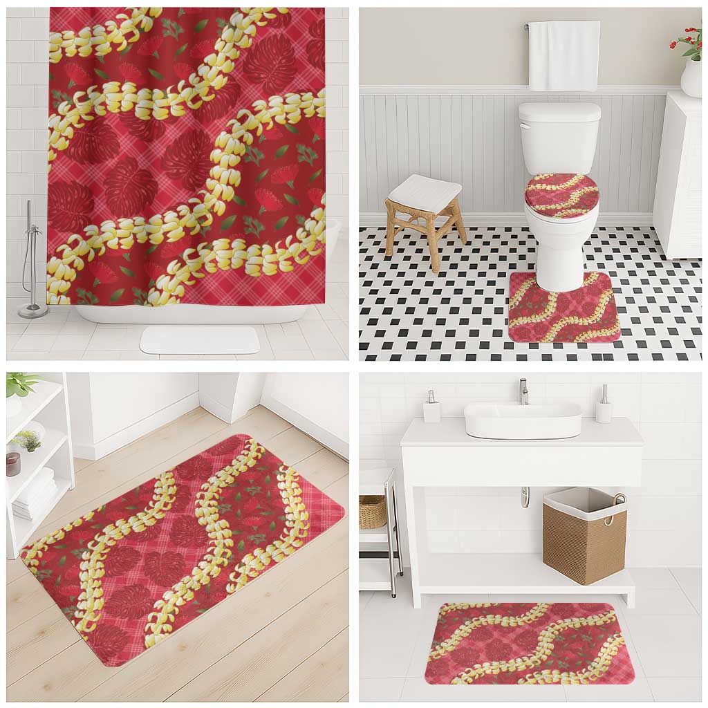 Red Palaka Hawaii Mele Kalikimaka Bathroom Set Ohia Lehua Monstera Puakenikeni Lei - Polynesian Pride
